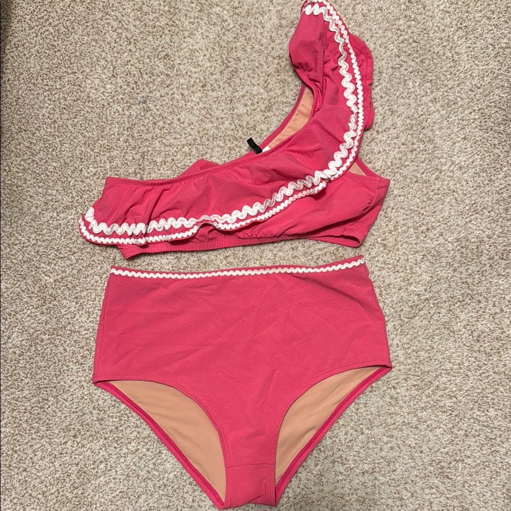 J.Crew Pink One-Shoulder Bikini Set with White Trim